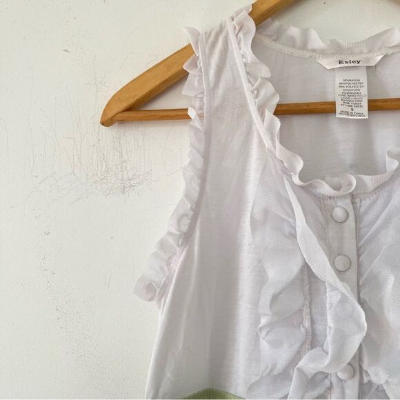 Esley White Ruffled Top Pale Green Botton Sleeveless Two Tone Dress - Picture 6 of 8